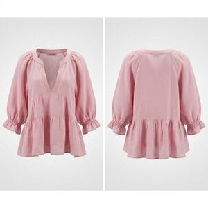 Meo Meli Womens Linen Blouse One Size Pink Ruffle Tiered V-Neck Made In Italy